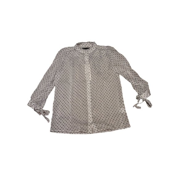 2/$35- Neon Blonde Sheer Polk A Dot 3/4th Tie Sleeves Button Blouse Women's XS - Picture 9 of 9